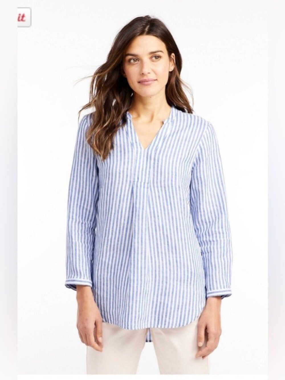 LL Bean Womens Linen Split Neck Tunic Top Striped Blue Coastal Long Sleeve Sz M